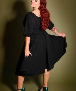 Final Sale - Marie-Thérèse Peasant Dress In Black Poly Crepe | Pinup Couture Shop All In-Stock Items By Size