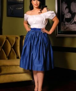 What's New, Pussycat? Bella Vintage Gathered Swing Skirt With Pockets In Solid Royal Blue Sateen | Pinup Couture
