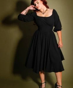 Final Sale - Marie-Thérèse Peasant Dress In Black Poly Crepe | Pinup Couture Shop All In-Stock Items By Size