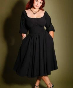 Final Sale - Marie-Thérèse Peasant Dress In Black Poly Crepe | Pinup Couture Shop All In-Stock Items By Size