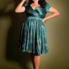 Laura Byrnes Design Shop All In-Stock Items By Size Final Sale - Ava Vintage Style Swing Cocktail Dress In Teal & Gold Spiderweb Satin | Laura Byrnes