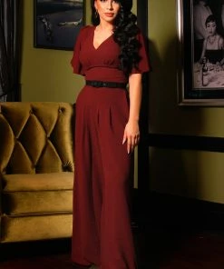 What's New, Pussycat? Viva Top Vintage 40's Inspired Flutter Sleeve Blouse In Garnet | Laura Byrnes Design