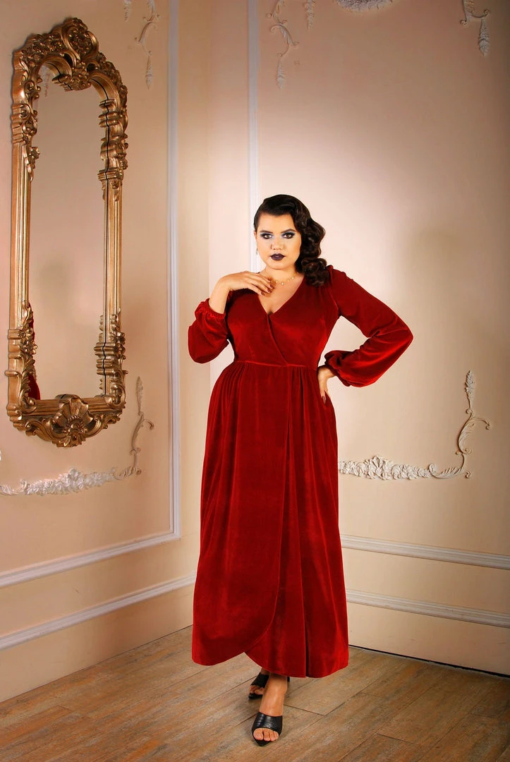 Laura Byrnes Design Shop All In-Stock Items By Size Final Sale - Bianca 70s V-Neck Maxi Gown In Cranberry Stretch Velvet | Laura Byrnes 5 Laura Byrnes Design Shop All In-Stock Items By Size Final Sale - Bianca 70s V-Neck Maxi Gown In Cranberry Stretch Velvet | Laura Byrnes