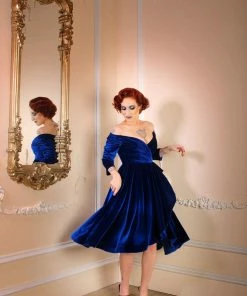 Laura Byrnes Design Final Sale - Monica Swing Dress In Blue Velvet | Laura Byrnes Shop All In-Stock Items By Size