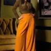 What's New, Pussycat? Dietrich Vintage Wide Leg Palazzo Pants In Mustard Crepe 32" Inseam | Laura Byrnes Design