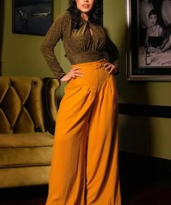 What's New, Pussycat? Dietrich Vintage Wide Leg Palazzo Pants In Mustard Crepe 32" Inseam | Laura Byrnes Design
