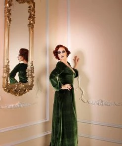 Laura Byrnes Design Shop All In-Stock Items By Size Final Sale - Bianca 70s Maxi Gown In Olive Green Stretch Velvet | Laura Byrnes