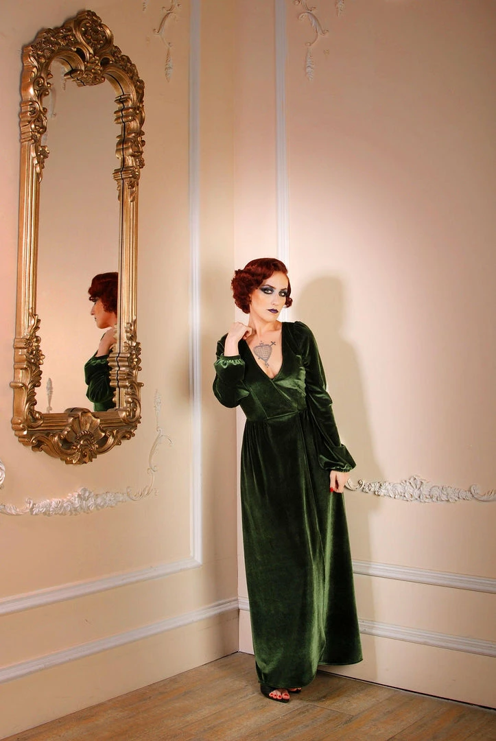 Laura Byrnes Design Final Sale - Bianca 70s Maxi Gown In Olive Green Stretch Velvet | Laura Byrnes Shop All In-Stock Items By Size 4 Laura Byrnes Design Final Sale - Bianca 70s Maxi Gown In Olive Green Stretch Velvet | Laura Byrnes Shop All In-Stock Items By Size