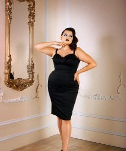 Final Sale - Stephanie Bad Girl Wiggle Dress In Black Stretch Cotton Sateen | Pinup Couture Shop All In-Stock Items By Size