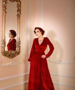 Laura Byrnes Design Shop All In-Stock Items By Size Final Sale - Bianca 70s V-Neck Maxi Gown In Cranberry Stretch Velvet | Laura Byrnes