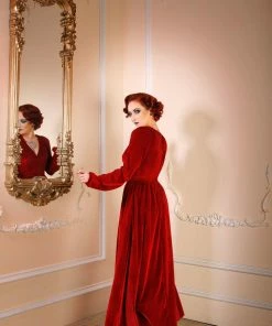 Laura Byrnes Design Shop All In-Stock Items By Size Final Sale - Bianca 70s V-Neck Maxi Gown In Cranberry Stretch Velvet | Laura Byrnes