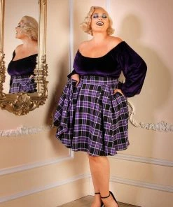 Pinup Girl Clothing Shop All In-Stock Items By Size Final Sale - Swann Long Sleeve Peasant Top In Purple Stretch Velvet | Pinup Couture