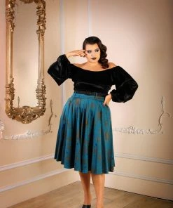 Pinup Girl Clothing Swann Long Sleeve Peasant Top In Black Stretch Velvet | Pinup Couture 12 Pinup Girl Clothing Swann Long Sleeve Peasant Top In Black Stretch Velvet | Pinup Couture