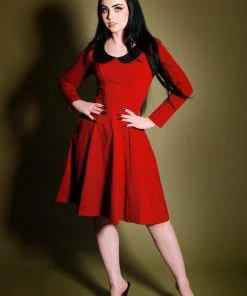 Final Sale - Madison Long Sleeve Dress In Oxblood Ponte With Black Contrast Collar | Pinup Couture Shop All In-Stock Items By Size