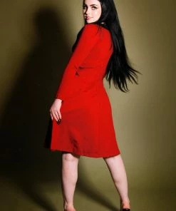 Final Sale - Madison Long Sleeve Dress In Oxblood Ponte With Black Contrast Collar | Pinup Couture Shop All In-Stock Items By Size