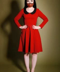 Final Sale - Madison Long Sleeve Dress In Oxblood Ponte With Black Contrast Collar | Pinup Couture Shop All In-Stock Items By Size