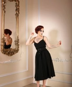 Final Sale - Amalie Ballerina Swing Dress In Solid Black Crepe | Pinup Couture