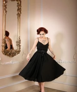 Final Sale - Amalie Ballerina Swing Dress In Solid Black Crepe | Pinup Couture
