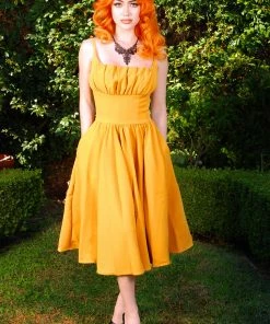 Holly Swing Dress In Mustard Gabardine | Pinup Couture What's New, Pussycat?
