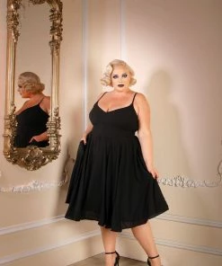 Shop All In-Stock Items By Size Final Sale - Amalie Ballerina Swing Dress In Solid Black Crepe | Pinup Couture