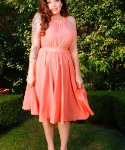 Pinupgirlclothing.com Final Sale - Maybelle Gathered Swing Dress In Solid Peach | Laura Byrnes Shop All In-Stock Items By Size