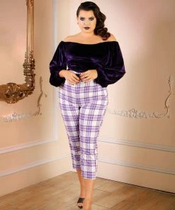 Pinup Girl Clothing Final Sale - Swann Long Sleeve Peasant Top In Purple Stretch Velvet | Pinup Couture