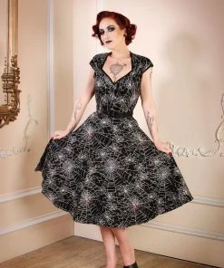 Pinupgirlclothing.com Shop All In-Stock Items By Size Final Sale - Heidi Vintage A-Line Dress In Black Widow Spiderweb Cotton Sateen | Pinup Couture