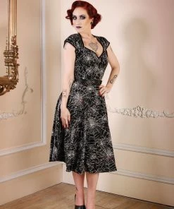 Pinupgirlclothing.com Final Sale - Heidi Vintage A-Line Dress In Black Widow Spiderweb Cotton Sateen | Pinup Couture