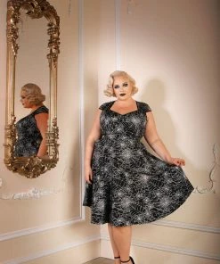 Pinupgirlclothing.com Shop All In-Stock Items By Size Final Sale - Heidi Vintage A-Line Dress In Black Widow Spiderweb Cotton Sateen | Pinup Couture