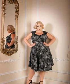 Pinupgirlclothing.com Final Sale - Heidi Vintage A-Line Dress In Black Widow Spiderweb Cotton Sateen | Pinup Couture