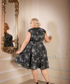 Pinupgirlclothing.com Shop All In-Stock Items By Size Final Sale - Heidi Vintage A-Line Dress In Black Widow Spiderweb Cotton Sateen | Pinup Couture