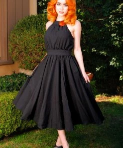 Pinupgirlclothing.com Maybelle Gathered Swing Dress In Solid Black | Laura Byrnes