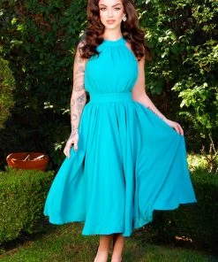 Pinupgirlclothing.com Final Sale - Maybelle Gathered Swing Dress In Solid Jade | Laura Byrnes