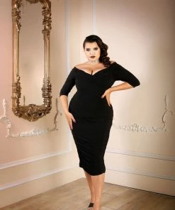Laura Byrnes Design Monica Vintage Gathered Wiggle Cocktail Dress In Solid Black | Laura Byrnes California