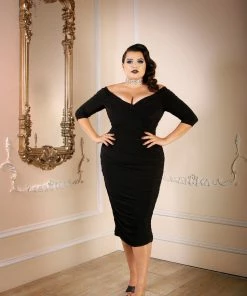 Laura Byrnes Design Monica Vintage Gathered Wiggle Cocktail Dress In Solid Black | Laura Byrnes California Shop All In-Stock Items By Size
