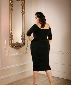 Laura Byrnes Design Monica Vintage Gathered Wiggle Cocktail Dress In Solid Black | Laura Byrnes California Shop All In-Stock Items By Size