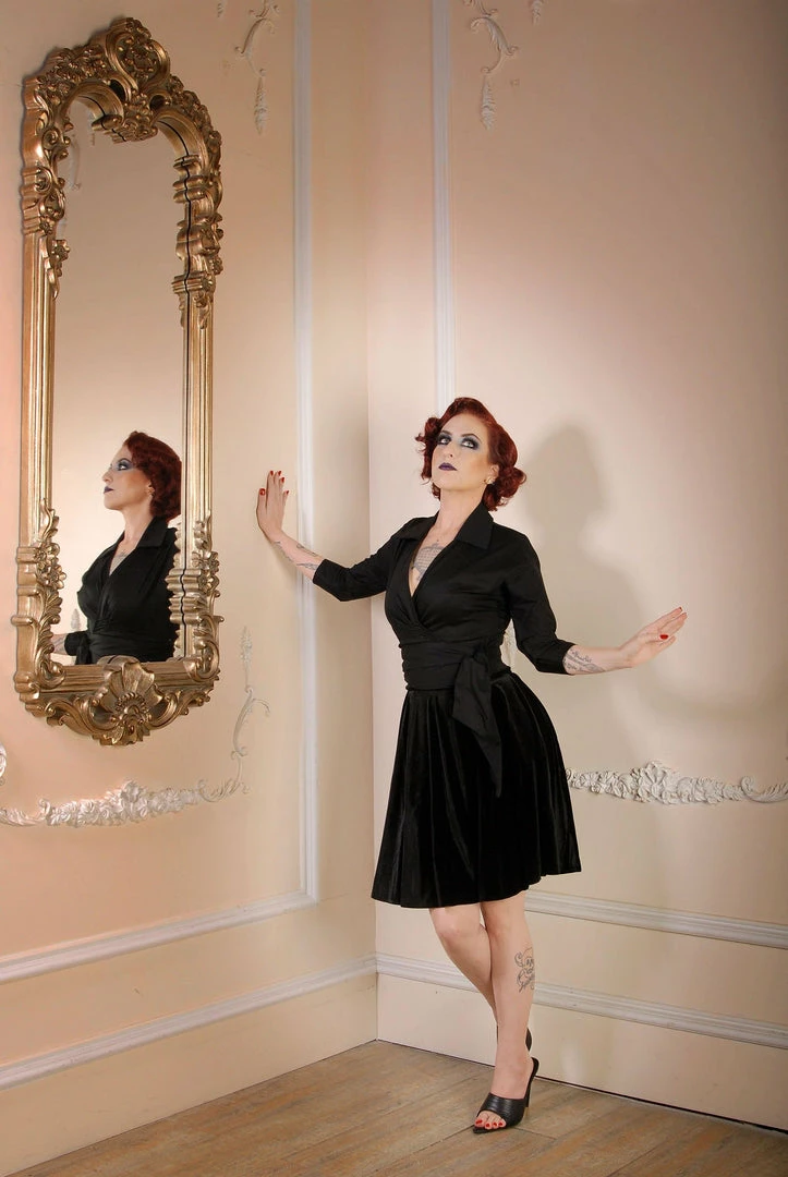 Couture For Every Body Final Sale - Vintage 3/4 Sleeve Wrap Top In Solid Black Cotton Sateen | Pinup Couture 6 Couture For Every Body Final Sale - Vintage 3/4 Sleeve Wrap Top In Solid Black Cotton Sateen | Pinup Couture