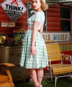 LBHM Shop All In-Stock Items By Size Final Sale - The Gena Vintage Day Dress In Sage Green Gingham Cotton Sateen | Laura Byrnes & Hope Morrison