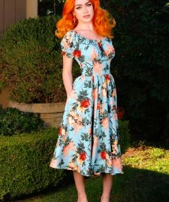 Marie-Thérèse Short Sleeved Peasant Dress In Sherbet Bella Roses Twill | Pinup Couture What's New, Pussycat?