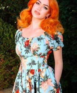 Marie-Thérèse Short Sleeved Peasant Dress In Sherbet Bella Roses Twill | Pinup Couture What's New, Pussycat?