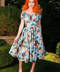 Marie-Thérèse Short Sleeved Peasant Dress In Sherbet Bella Roses Twill | Pinup Couture What's New, Pussycat?