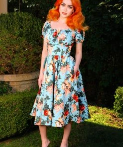 Marie-Thérèse Short Sleeved Peasant Dress In Sherbet Bella Roses Twill | Pinup Couture What's New, Pussycat?