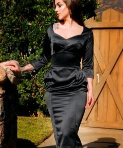 What's New, Pussycat? Mona Wiggle Dress In Black Satin | Pinup Couture