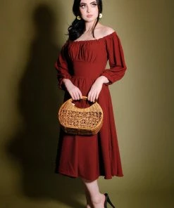 Marie-Thérèse Peasant Dress In Merlot Poly Crepe | Pinup Couture
