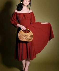 Shop All In-Stock Items By Size Marie-Thérèse Peasant Dress In Merlot Poly Crepe | Pinup Couture