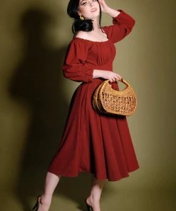 Marie-Thérèse Peasant Dress In Merlot Poly Crepe | Pinup Couture