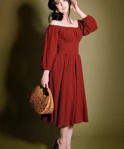 Marie-Thérèse Peasant Dress In Merlot Poly Crepe | Pinup Couture