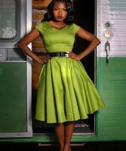 Pinupgirlclothing.com Final Sale - Celia Vintage Swing Dress In Olive Cotton Sateen | Pinup Couture