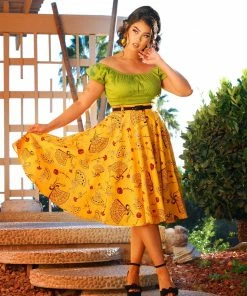 LBHM Final Sale - Doris Vintage Swing Skirt In Mustard Spanish Fans | Laura Byrnes & Hope Johnstun