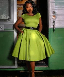 Pinupgirlclothing.com Final Sale - Celia Vintage Swing Dress In Olive Cotton Sateen | Pinup Couture